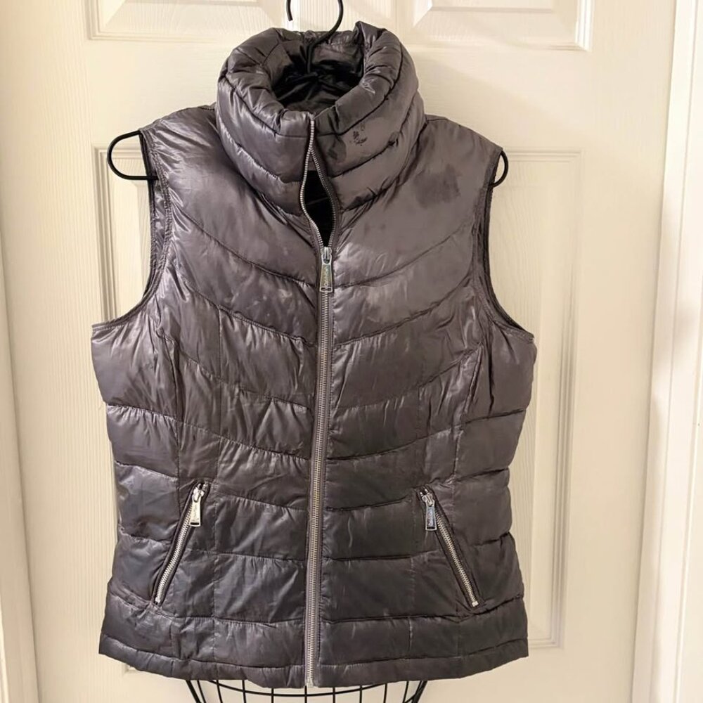 Calvin Klein‎ Womens Petite M Dark Grey Duck Down Puffer Vest Fair Condition